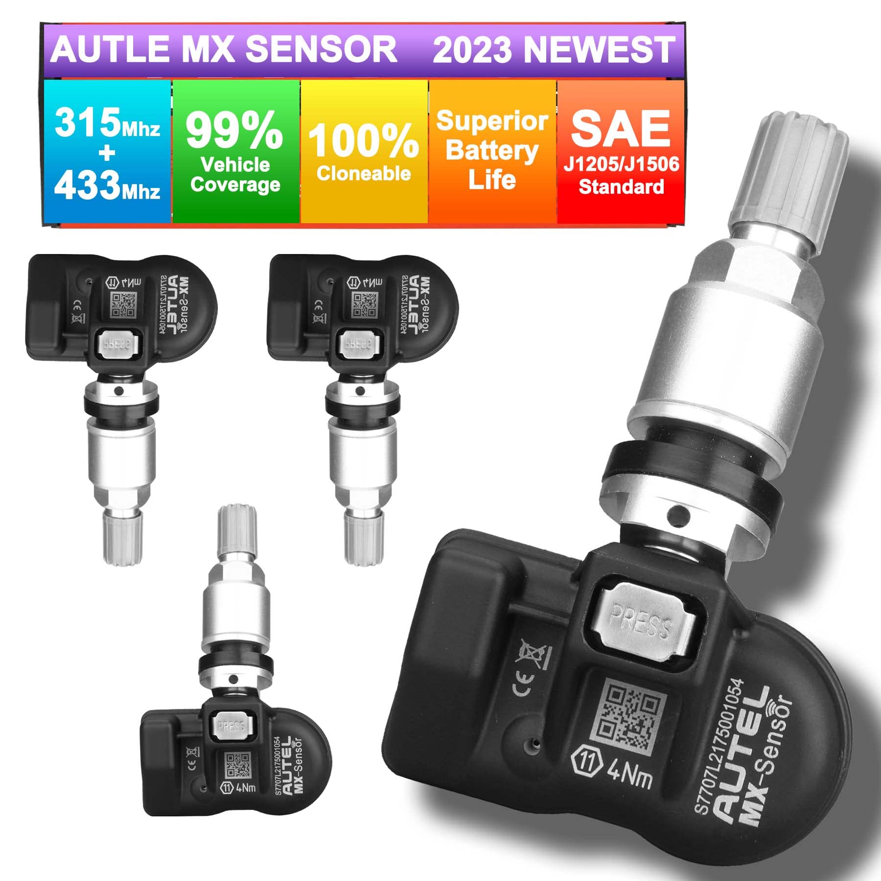 Autel MaxiTPMS MX Sensor Programmable TPMS Sensor for Tire Pressure 2 in 1 (315MHz + 433MHz) Press-in OE-Level 100% Cloneable for 99% Main Vehicles(4 pcs, Metal valves) Programmed by Autel TPMS Tool