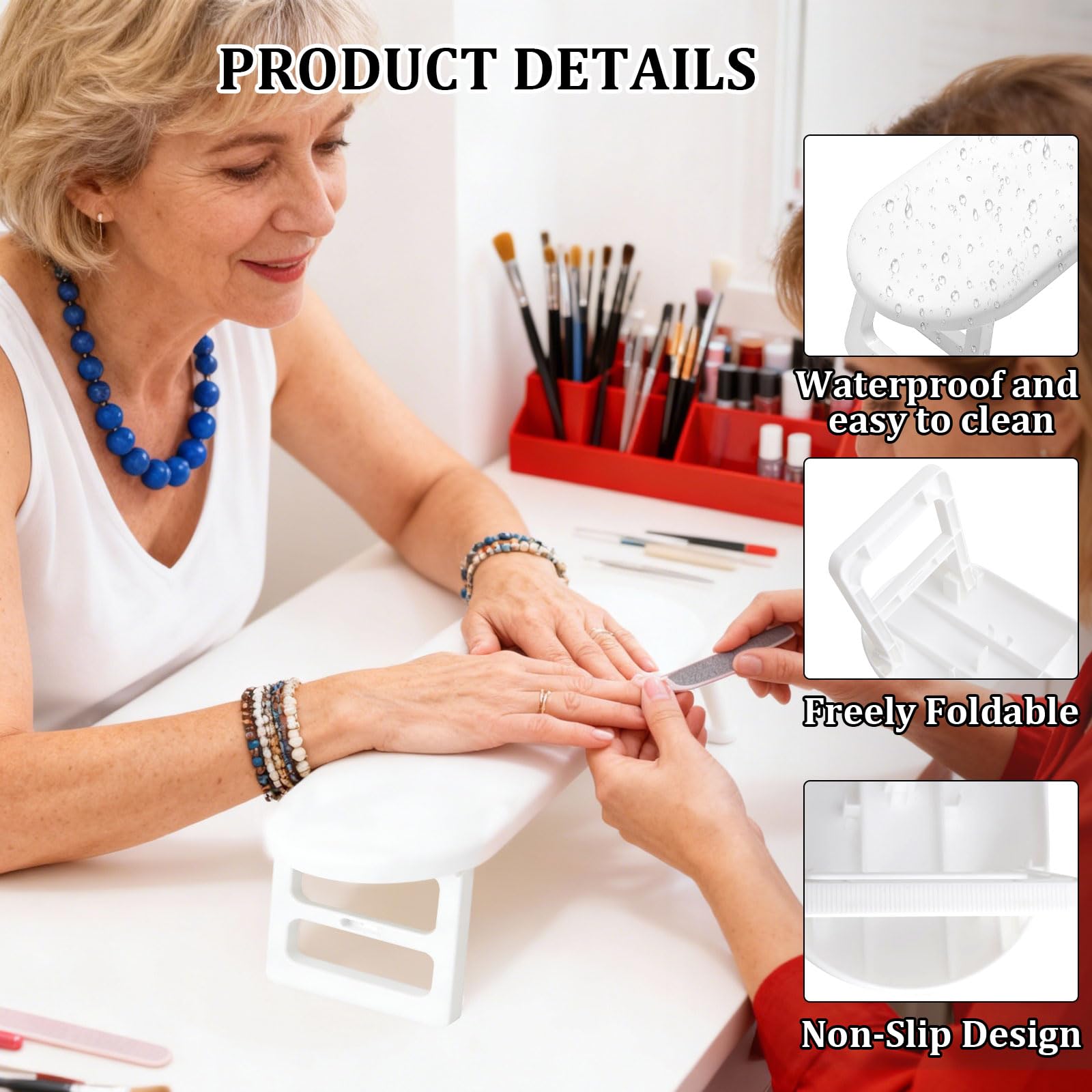 poggiamani per salone di bellezza, pieghevole cuscino poggiamani con pinzetta di precisione in acciaio inossidabile da 80 mm per manicure domestica e saloni di bellezza (bianco)