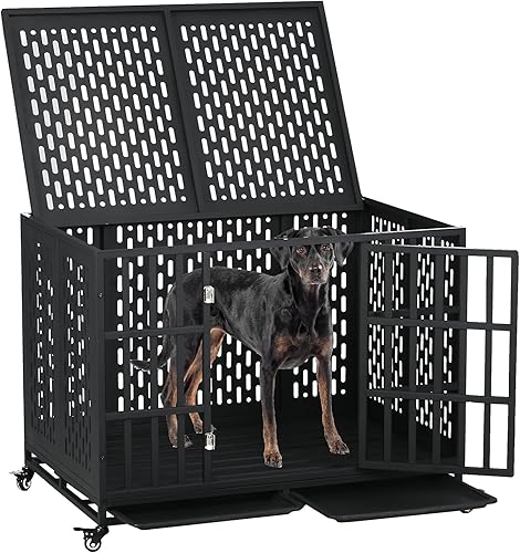 Jaula indestructible para perros de 44 pulgadas, resistente y de alta ansiedad, a prueba de golpes, jaula fuerte para perros medianos y grandes,