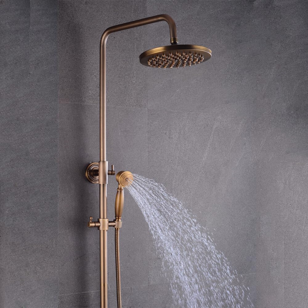 Juego de ducha de lluvia retro con cabezal de ducha de mano nostálgico de cobre antiguo o acabado dorado, cabezal de ducha redondo para una experiencia de baño lujosa
