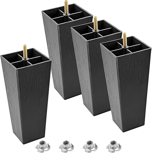 Miniatura 18 de Pernos de rosca métrica M8-1.25, patas de plástico para muebles de 6-3/8 pulgadas, patas de sofá cuadradas negras con tuercas en T, repuesto de