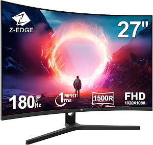 Z-Edge Gaming Monitor Curved 27'' 180 Hz/165 Hz, 1ms, FHD (1920x1080), FreeSync, 16:9 Computer Monitor, 1500R VA Panel, Adjustable Tilt, 3000:1, 2×HDMI2.0 & DP1.4, VESA 100 * 100mm