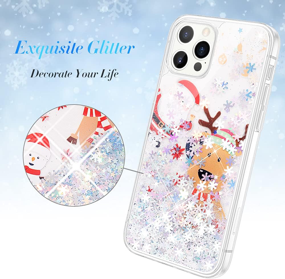 Caka Christmas Case for iPhone 12 Pro Max Glitter Case for Women Girls Girly Bling Sparkle Liquid Quicksand Luxury Flowing Snowflake Glitter Clear Phone Case for iPhone 12 Pro Max (Moose)