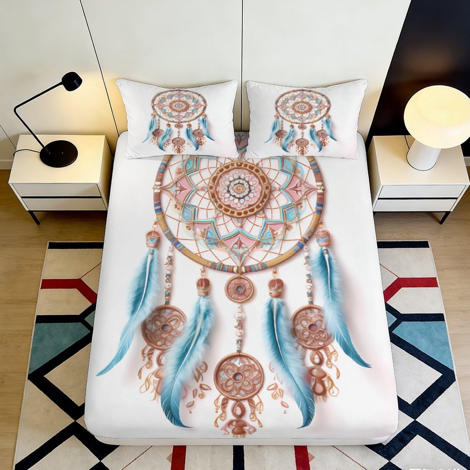 3D Printed Dreamcatcher Fitted Sheet Microfiber Soft Blue Feather Boho Mandala Mattress Cover for Bedroom Dorm Decor 140x200x25cm