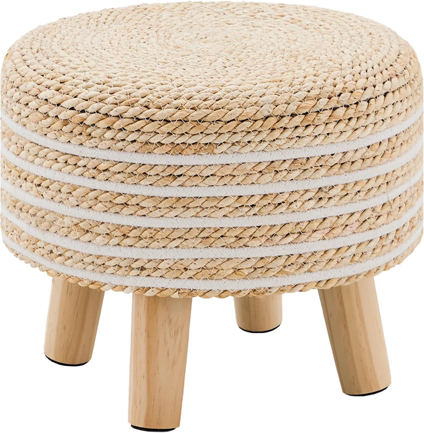 Cpintltr Round Seagrass Ottoman Footstool Handwoven Water Hyacinth Pouf with Solid Wood Legs Shoe Changing Foot Stool Sturdy & Stylish Footrest for Living Room Balcony or Garden Natural