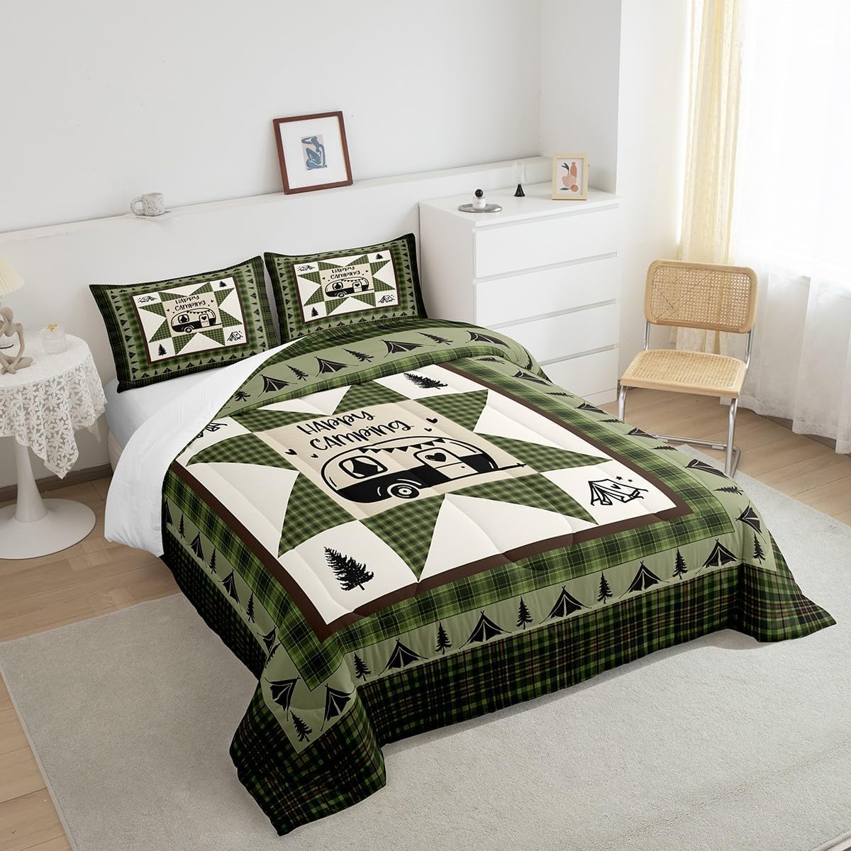 Feelyou Camper Comforter Set Full Size Kids Happy Camping Comforter for Boys Teens Southwestern Vinatge Camper Accessories for Travel Trailers Bedding Set Green Tree Duvet Set Room Decor