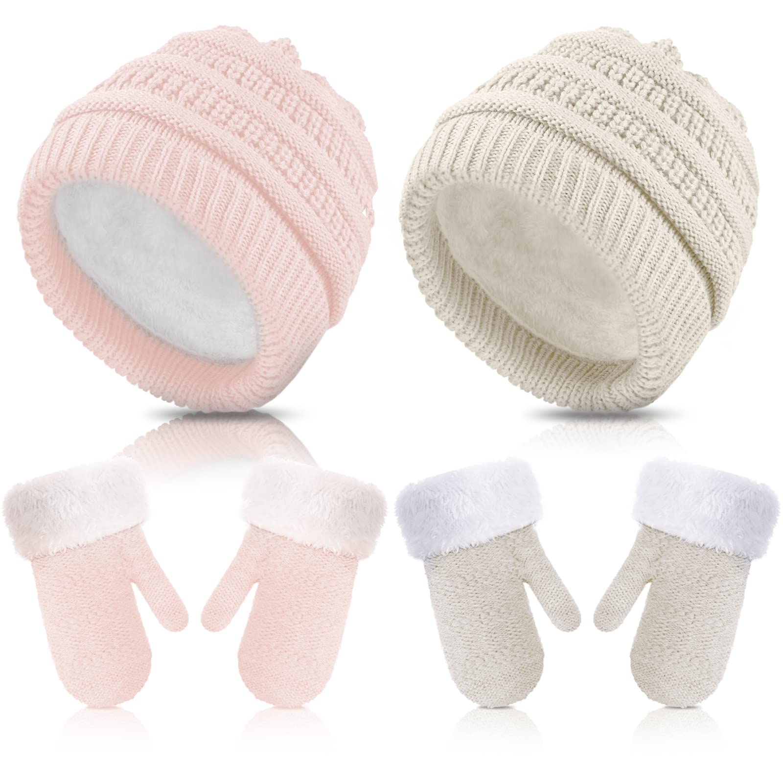 2 Sets Baby Warm Winter Hat and Mitten Gloves Set for Kids Toddler Children Knit Beanie Hat Gloves for Girls Boys