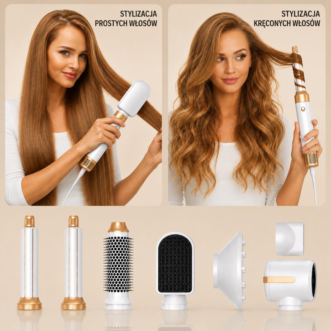 Suszarka do włosów z 7 akcesoriami, Golden Goods Multistyler Suszarka do włosów, Airstyler 7 w 1, do suszenia, szczotka do stylizacji na gorąco, do prostowania, do kręcenia loków, White/Gold Edition