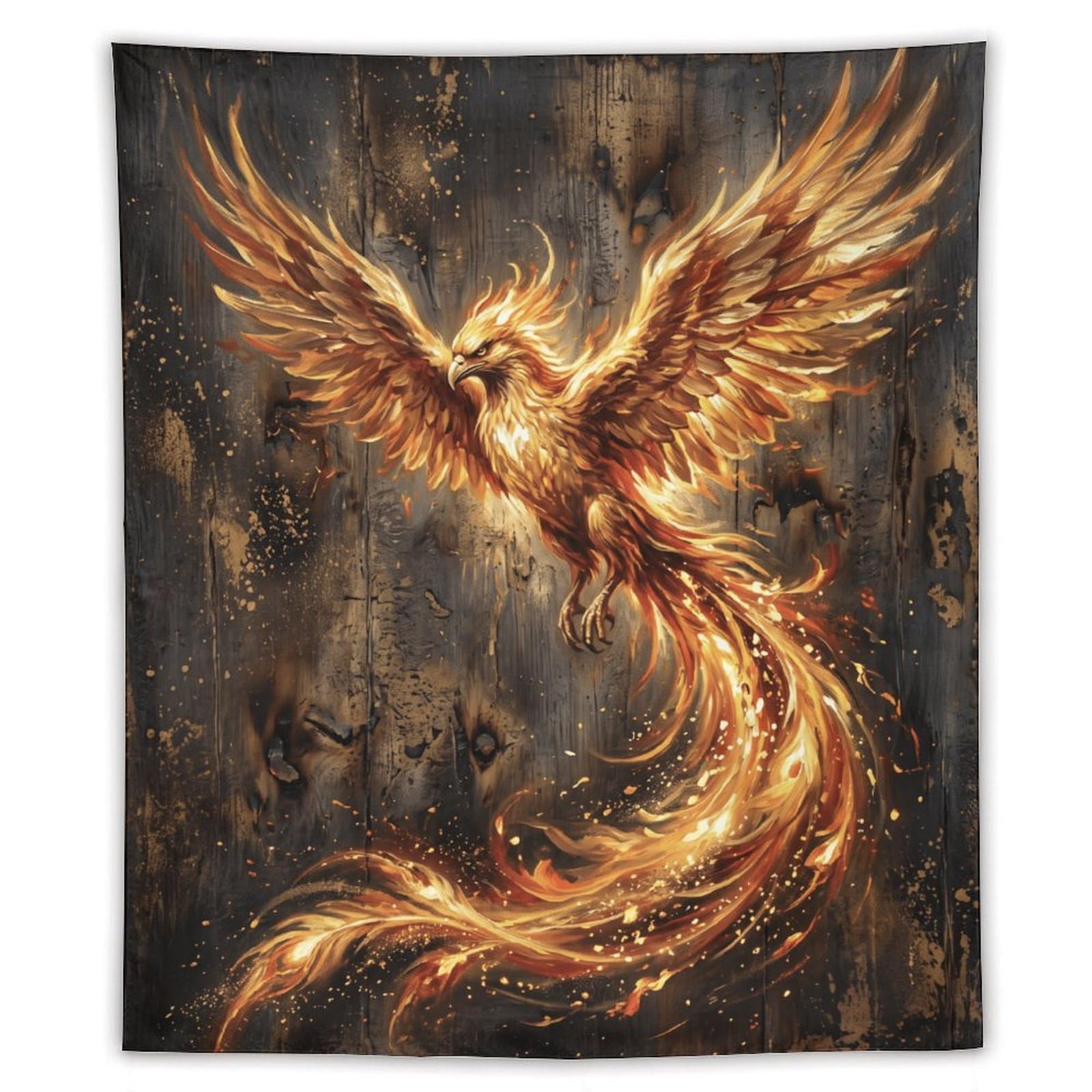 W7C8U2X3 Golden Fire Phoenix Wall Tapestry, Fantasy Illustration