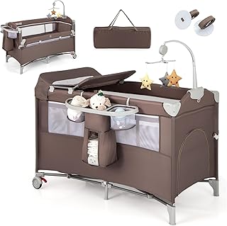GYMAX 5 in 1 Folding Travel Cot, Portable Baby Bed Playard with Diaper Changer, Music Box, Mattress, Safety Strap, Side Zipper Entrance, Infant Bassinet Nursery Center for Newborn (Brown)