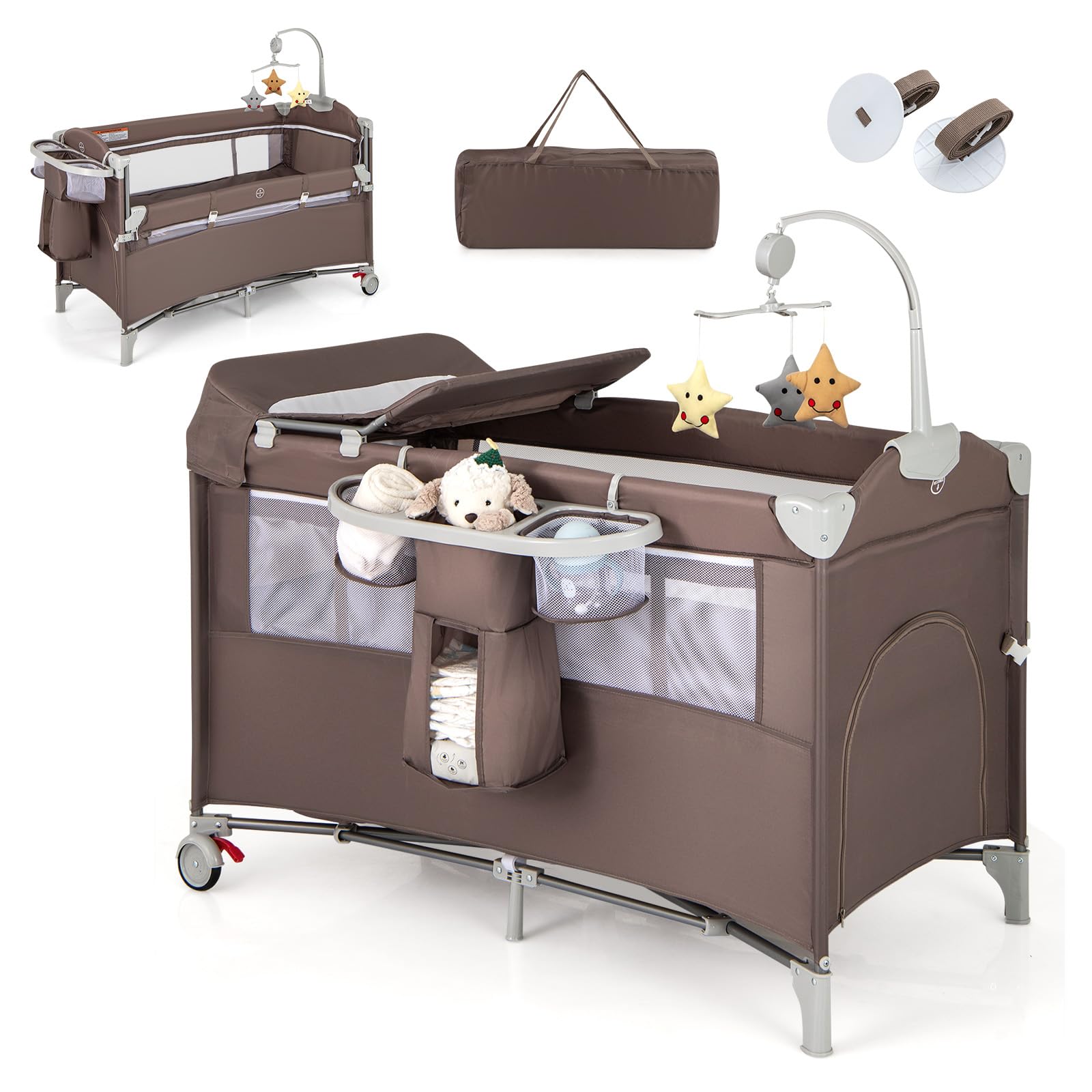 5 in 1 Folding Travel Cot, Portable Baby Bed Playard with Diaper Changer, Music Box, Mattress, Safety Strap, Side Zipper Entrance, Infant Bassinet Nursery Center for Newborn (Brown)
