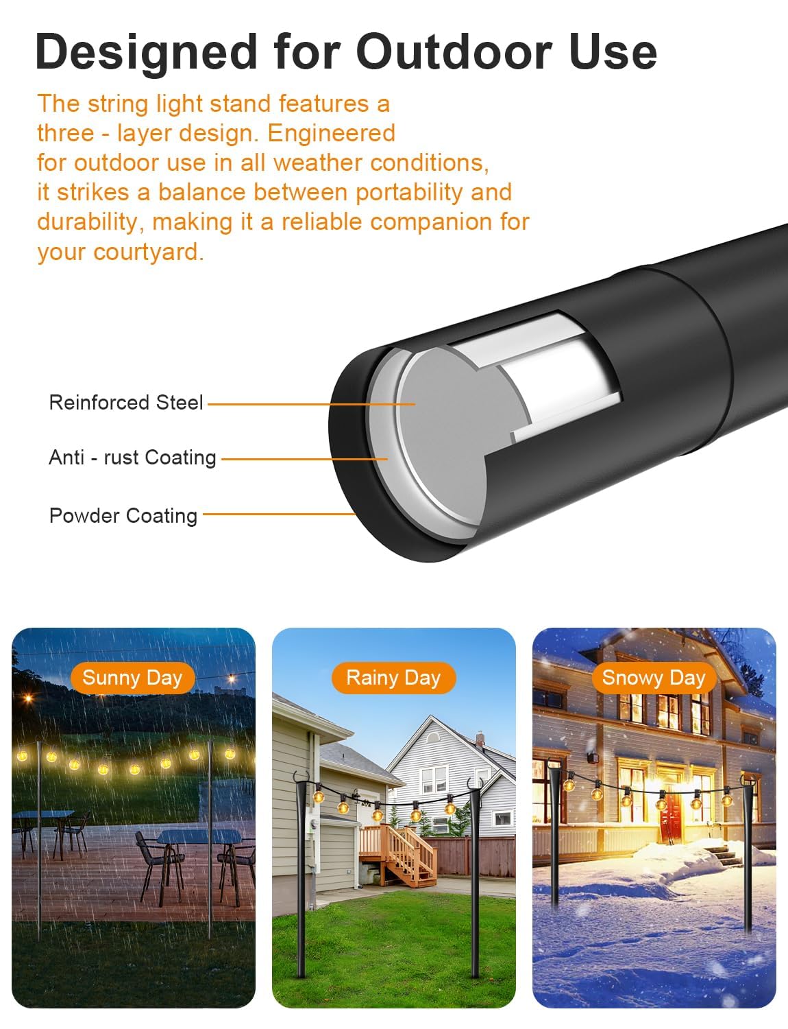 Paquete de 4 postes de luz de cadena de 10 pies para exteriores, poste de luces de metal grueso para colgar al aire libre con tenedor, accesorios de poste colgante de iluminación para decoración de