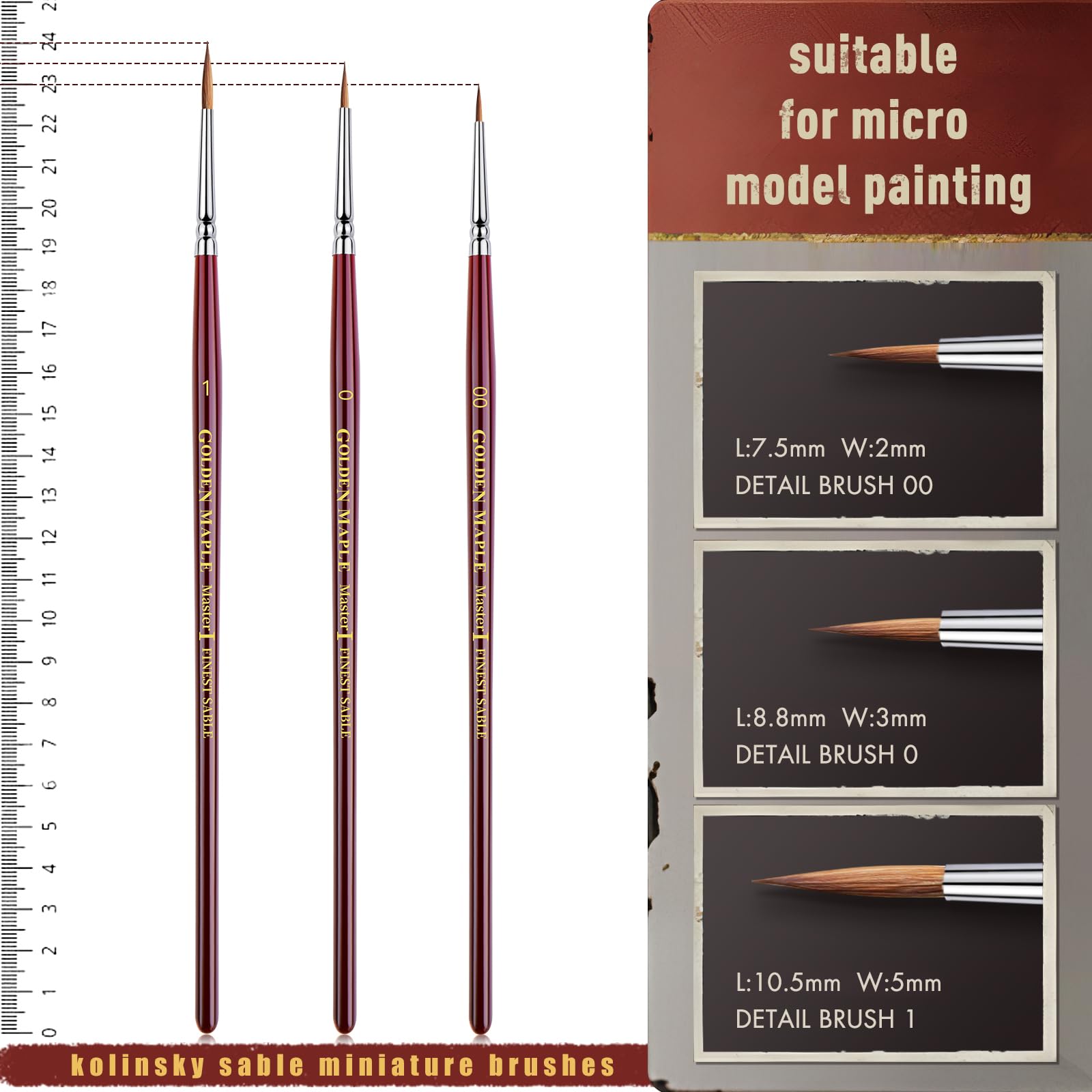 Golden Maple Kolinsky Sable Brushes – Petits pinceaux fins professionnels pour peinture miniature, modèle, fingue, aquarelle, acrylique – Taille 00 0 1