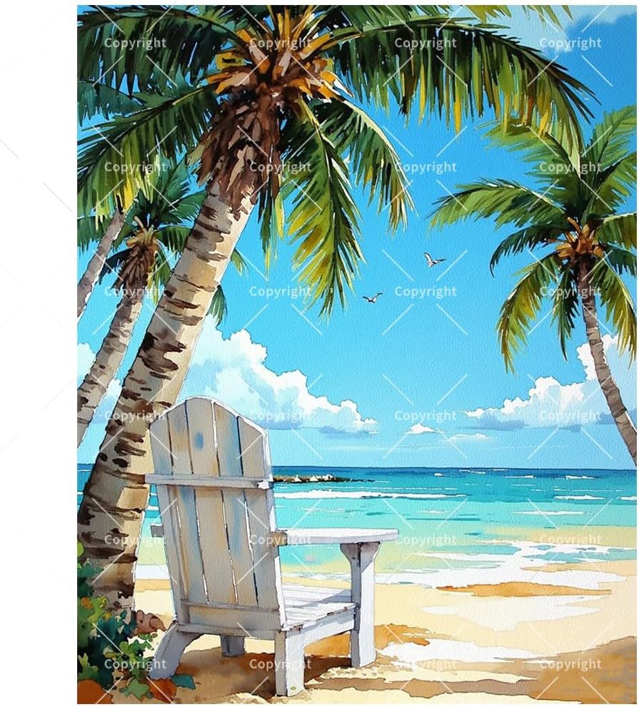 Palm Trees Beach Paint by Numbers Kit for Adults - DIY Seaside Chair Under Coconut Trees Painting on Canvas, Acrylic Paint Set, Suitable for Beginners, Art for Home Decoration or Gifts(8X12IN Framed)