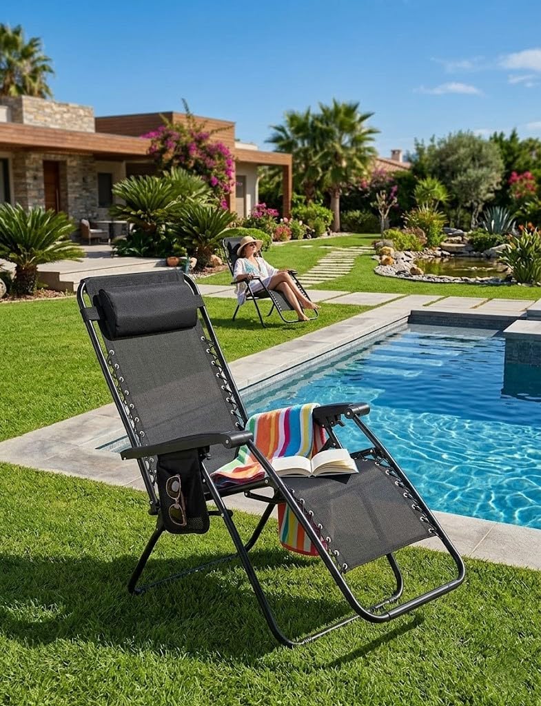 Creaciones Llopis ARW Silla Hamaca Plegable Gravity para Exterior con Cojín, Tumbona Reclinable para Jardín, Piscina, Terraza, Playa, Estructura de Acero, Tejido Transpirable, 158x63x106 cm, Negro