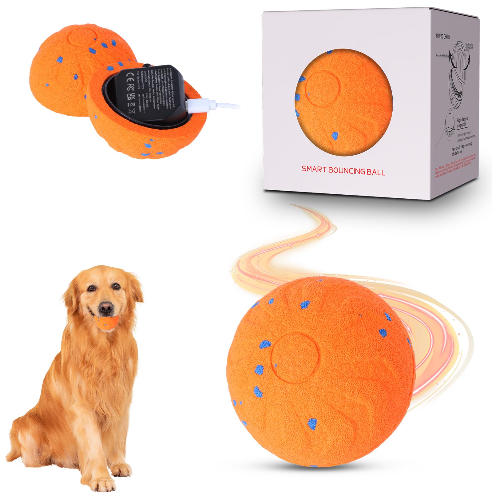 LJEC Smart Interactive Dog Toys - Automatic Moving Bouncing & Rotating Dog Ball with E-TPU Material, New Electric Dog Toy USB-C Rechargeable, Active Rolling Balls for Medium-Large Dogs(Orange)