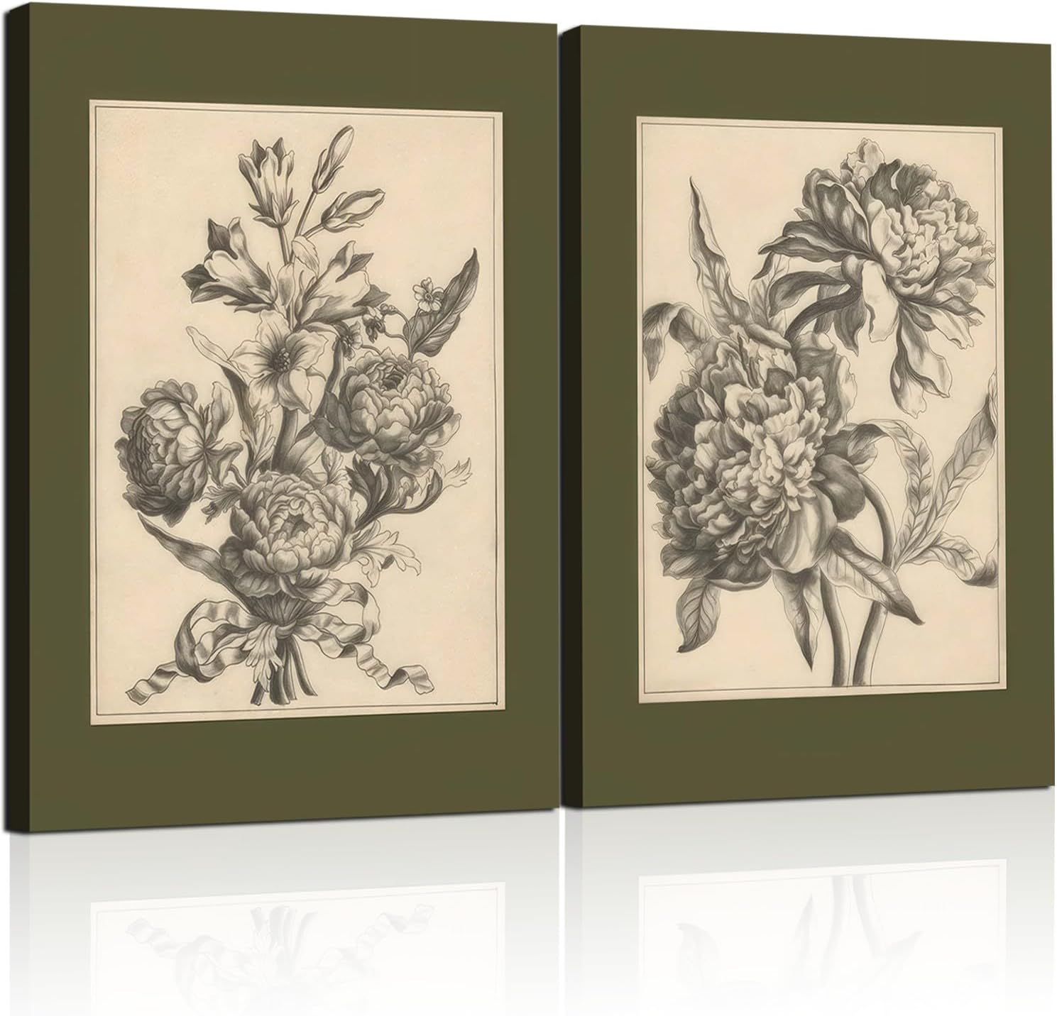 WALUPLL Vintage Peony Flowers Wall Art Olive Green Peony Floral Wall Art Vintage Prints Wall Art Flower Sketch Prints Antique Floral Drawing Painting for Bedroom Living Room 16x24 Inch Ready to Hang