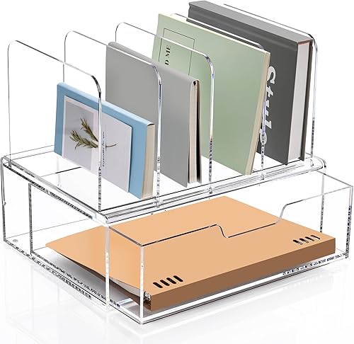 SANRUI Organizador de escritorio de acrílico con cajón deslizante, 4 compartimentos verticales transparentes para almacenamiento de archivos,