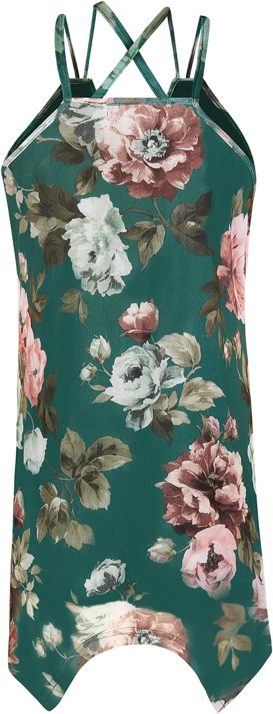 Womens Casual Spaghetti Strap Tank Tops Floral Print Asymmetric Hem Camisoles - Image 2