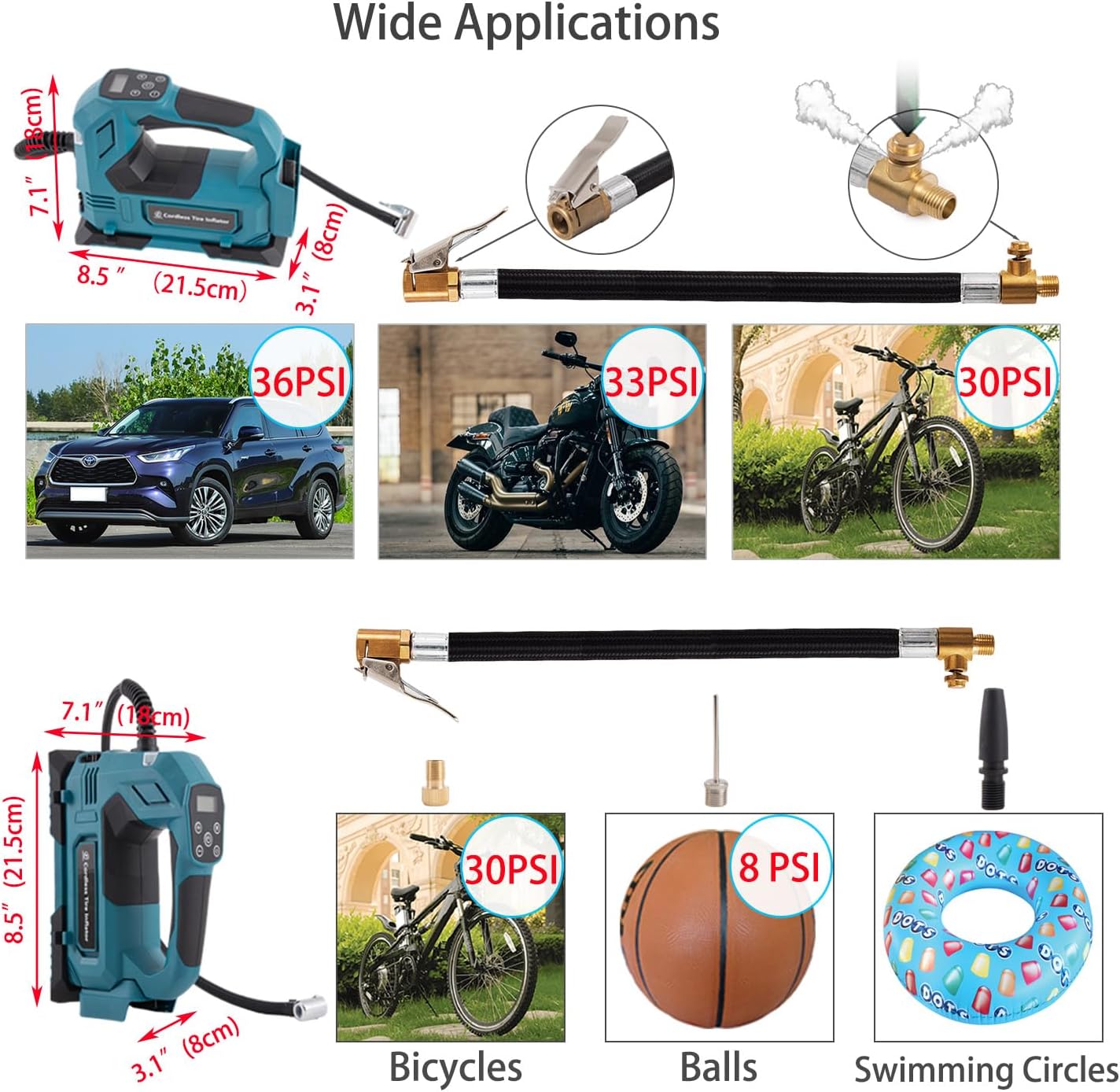 Tire Inflator Portable Air Compressor, 150 PSI with Extension Hose, Exhaust & Quick Air Chuck for Car Motorcycle Bike & Ball(Require Battery Not Include)