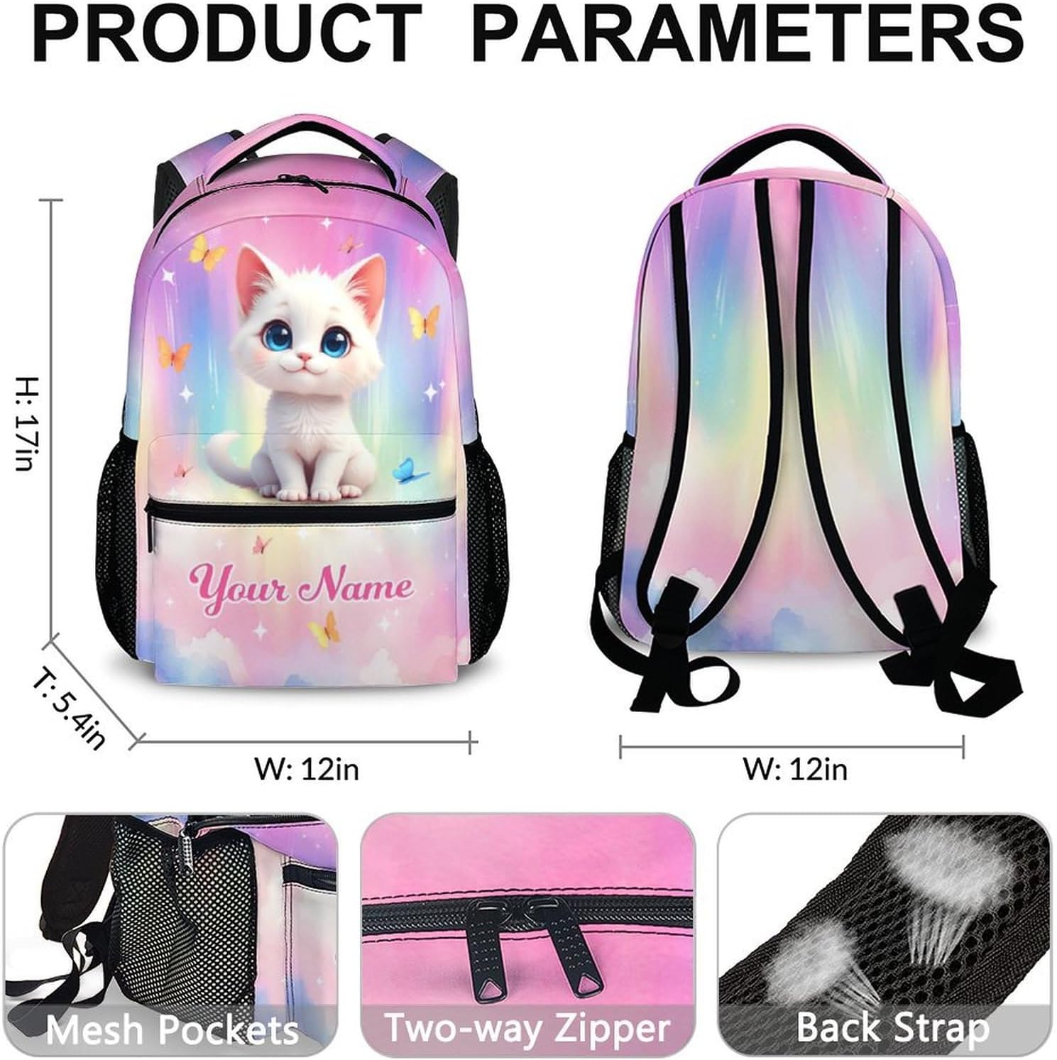 Personalized Cat Backpack for Kids - Custom Schoolbag for Girls - 17 Inch Lightweight Cat Bookbag for School Travel Camping - Large Capacity Backpack for Kindergarten Preschool Elementary