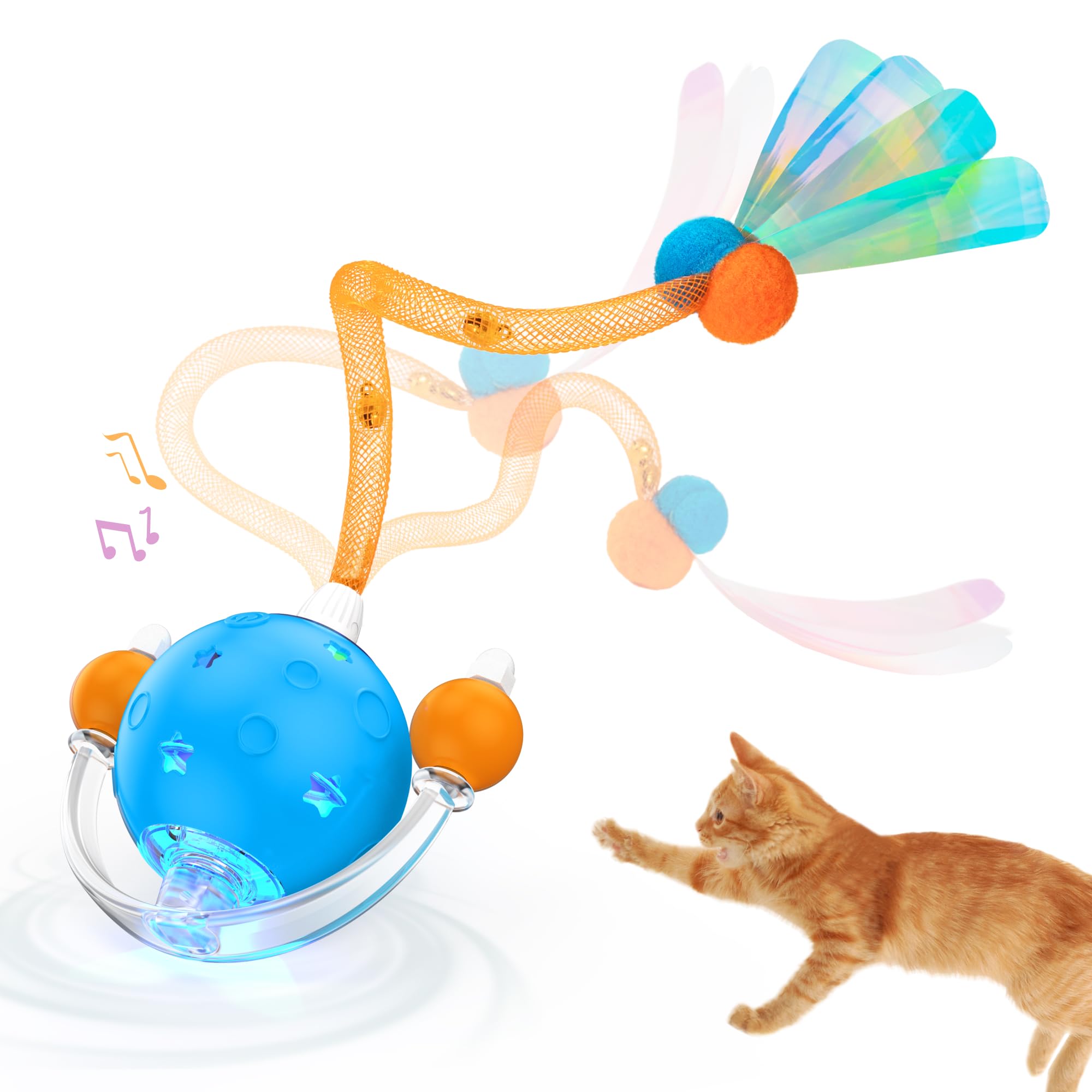 Pubialo 4th Gen Interactive Cat Toys for Indoor Cats Adult, Moving Cat Ball with Elastic Mesh/Feather Tail, Catnip Ball Automatic Kitten Toys for Bored Indoor Cats, Motion Activated Smart