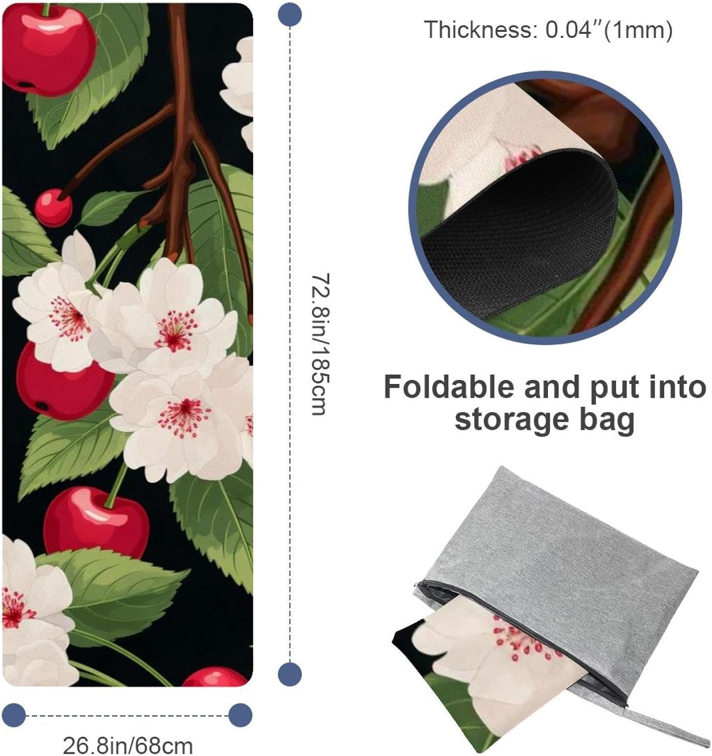 Yoga Towel, Cherry Pattern Non Slip Sweat Absorbent Hot Yoga Mat Towel for Hot Yoga, Pilates and Fitness - 72.8" x 26.8"