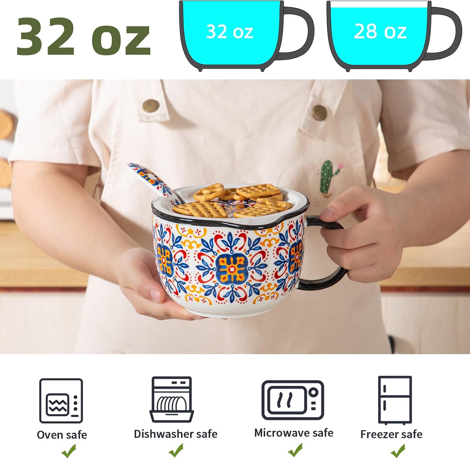 Extra Large Ceramic Soup Bowl with Lid & Spoon, Microwave Safe | Bowl with Plate Combo - for Ramen Cereal Oatmeal Noodles Sandwich Chip & Bread Dip Cracker - Big Handle, 32 oz, C-pattern