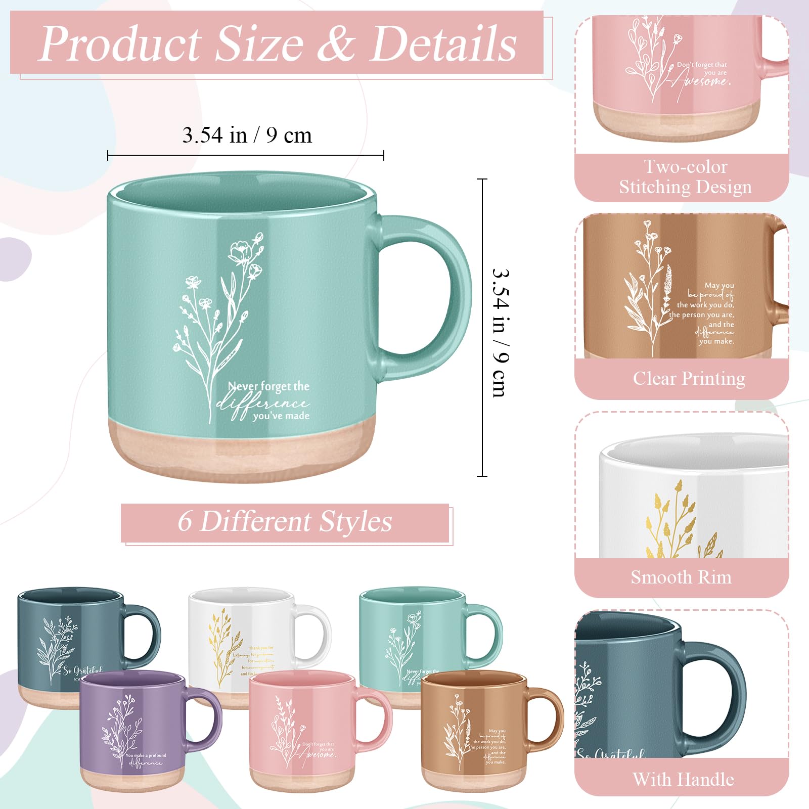 Didaey Juego de 6 juegos de regalos de agradecimiento para empleados, tazas de café de cerámica floral bohemio de 13 onzas con cuadernos de cuero A6, bolígrafos de bola, regalo de agradecimiento a