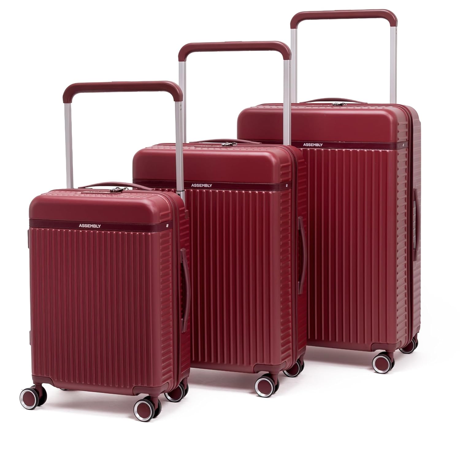 Assembly Trolley Bag Set of 3- Cabin Small + Check-in Medium + Check-in Large with 8 Spinner Wheels, Complete Polycarbonate Hard Shell Trolley Bags for Adventure Travel, Red, 20’’+24’’+28’’