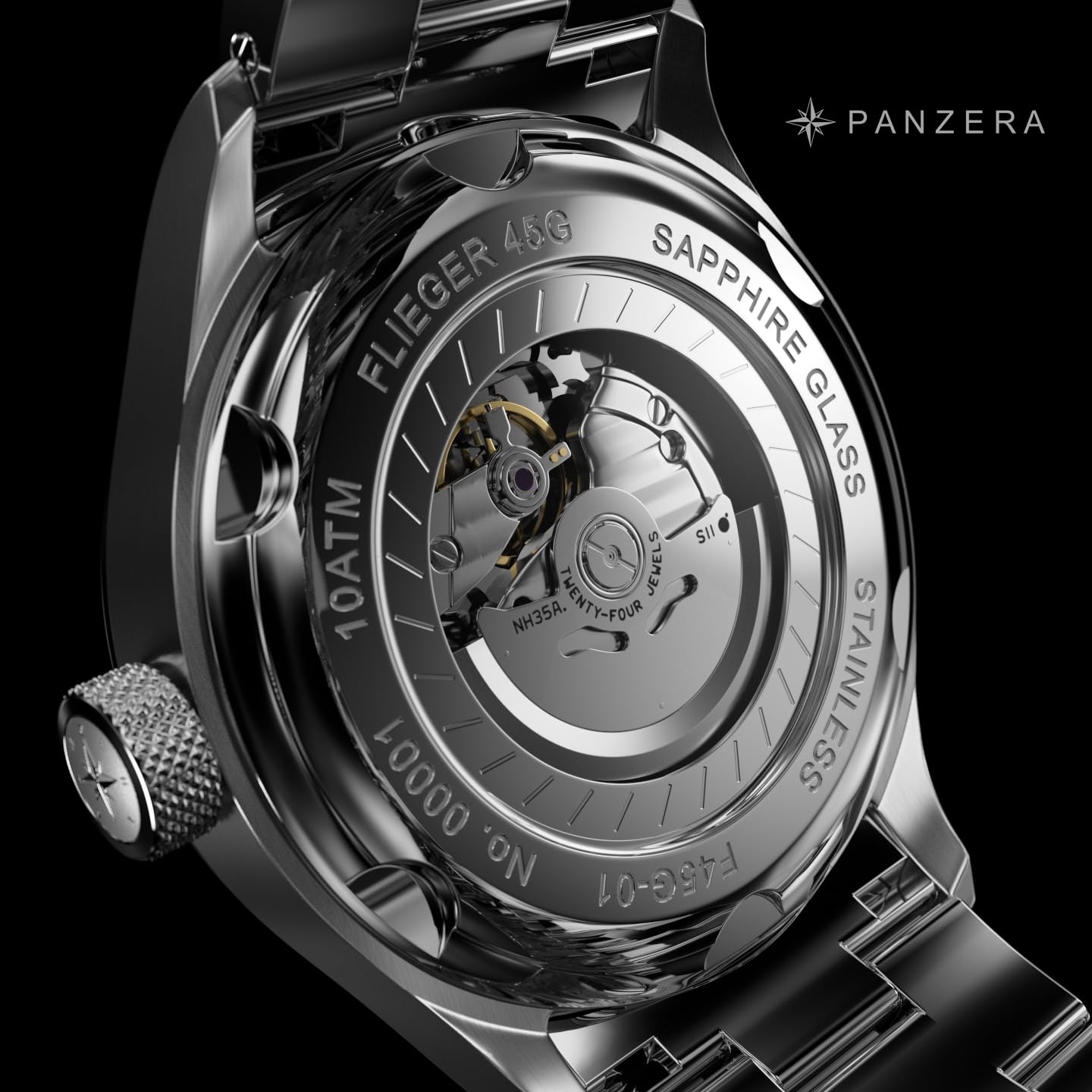 Panzera Flieger 45G Mechanische Automatikuhr Stahl Schwarz Saphir Silikon Datum Herrenuhr, Schwarz , Armband