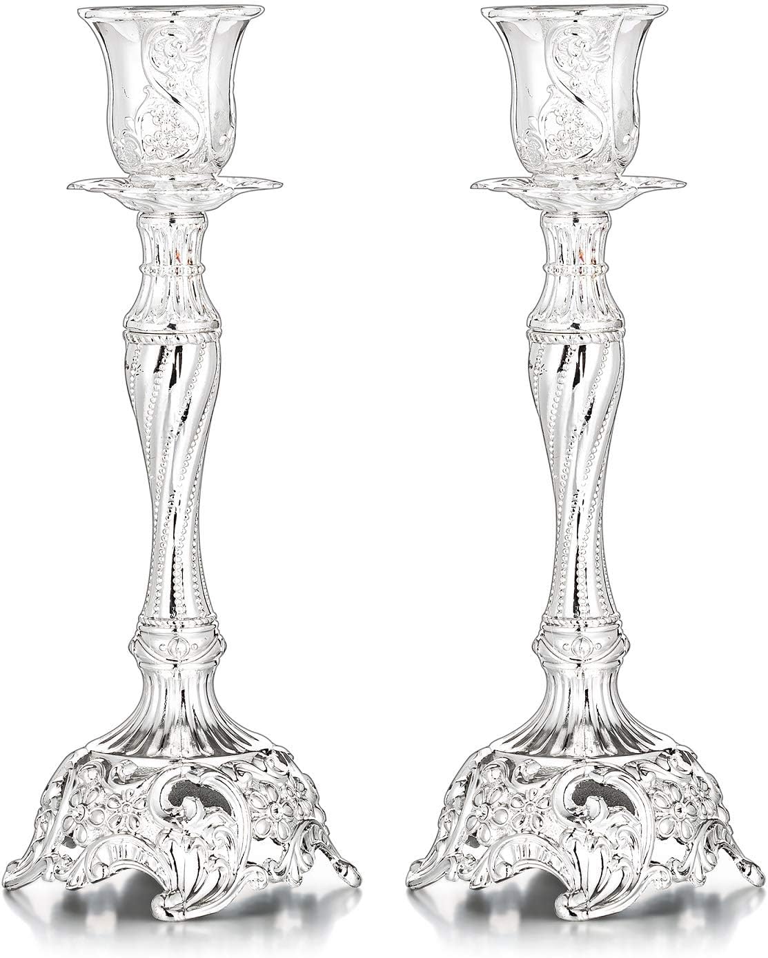 Sziqiqi Gold Candlestick Holders Set of 2 Taper Candle Holders Deluxe Ornate Candle Holders for Shabbat Taper Candles, Candle Centerpiece, Wedding Candles (L+L, Silver)