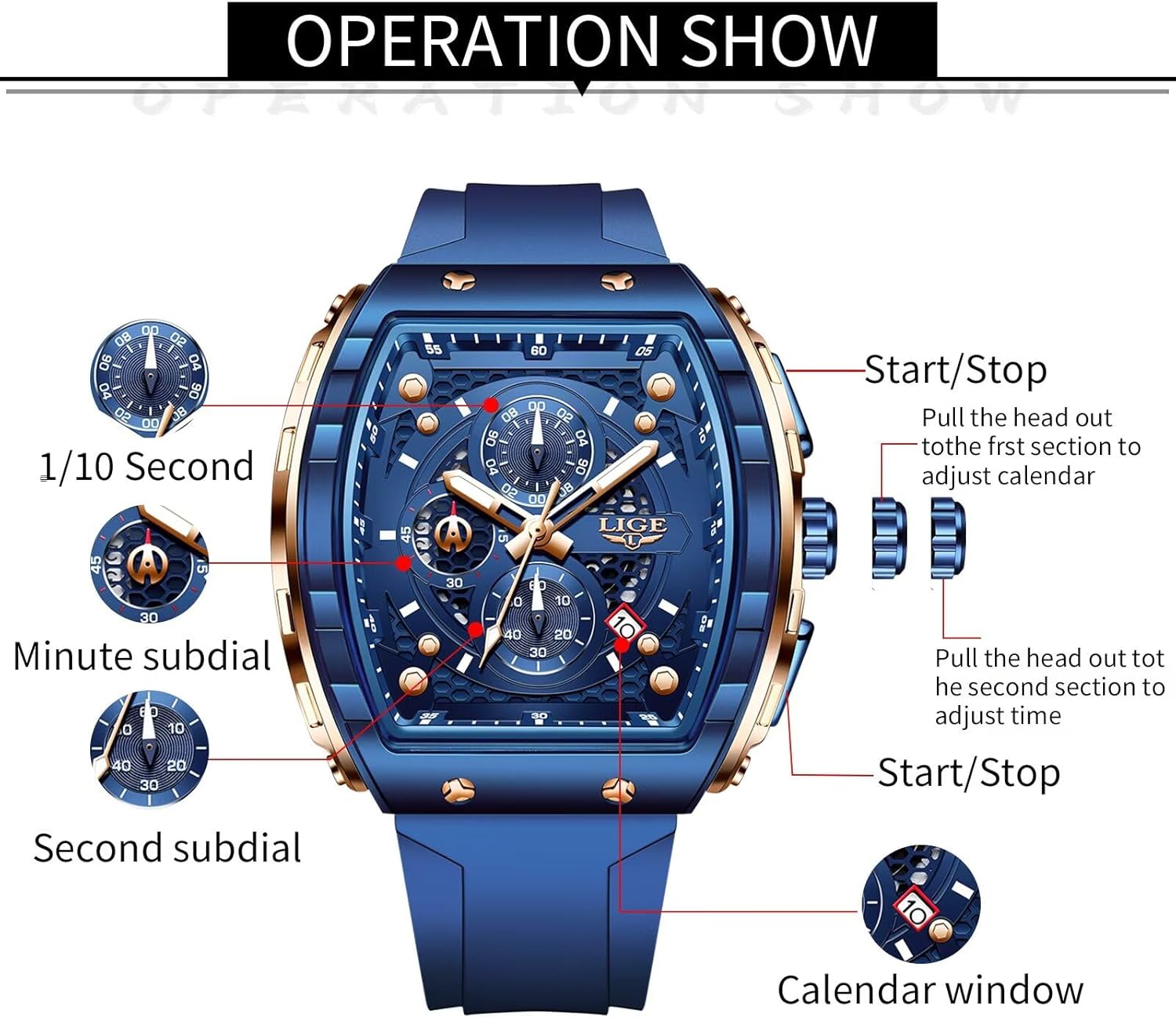 Mens Watches,Unique Rectangular Quartz Analog Watch,Outdoor Sports Multi-Function Watch,Chronograph/Waterproof/Luminous/Calendar,Durable Silicone Strap Mens Casual Watches
