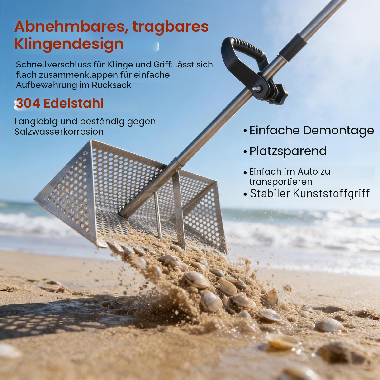 Edelstahl Strand Sandsieb, Strand Sandschaufel mit Muschelkorb, 133cm Einstellbar Sandschaufel Dreiteiliger Griff- 20×40 cm Korb, Sandschaufel Grabwerkzeuge (silber)