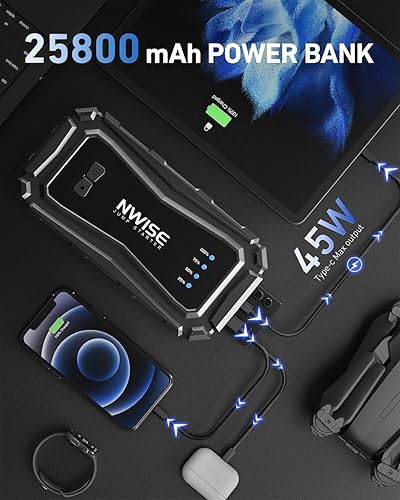 Miniatura 5 de NWISE Arrancador de coche, 6000 A pico 25800 mAh batería portátil de arranque (hasta 10L de gas o motor diesel de 8L) con abrazaderas de puente de