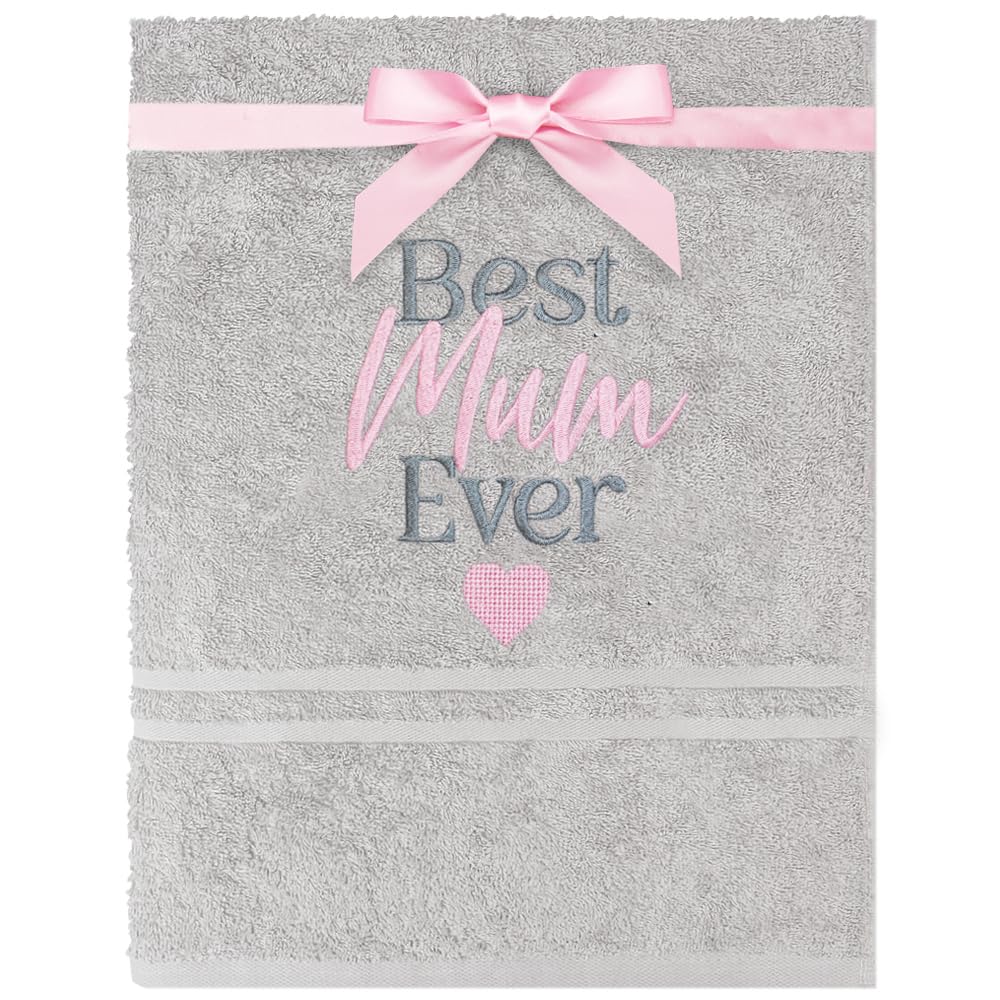 TeddyT's Best Mum Ever Embroidered Light Grey & Pink Cotton Bath Towel