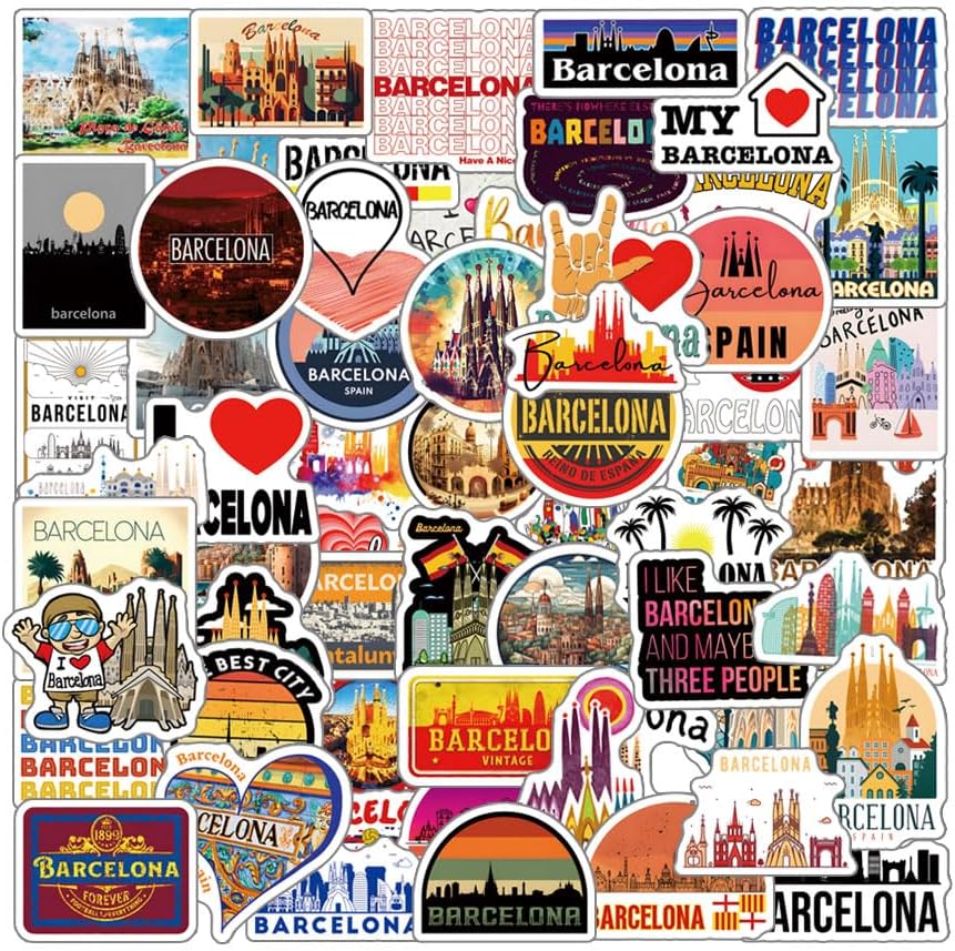 65Pcs Barcelona Stickers Pack, BCN Aesthetic Graphic Vinyl Waterproof Sticker Decals for Water Bottle,Laptop,Phone,Skateboard,Scrapbooking,Bumper Choice for Fans for Party Supply