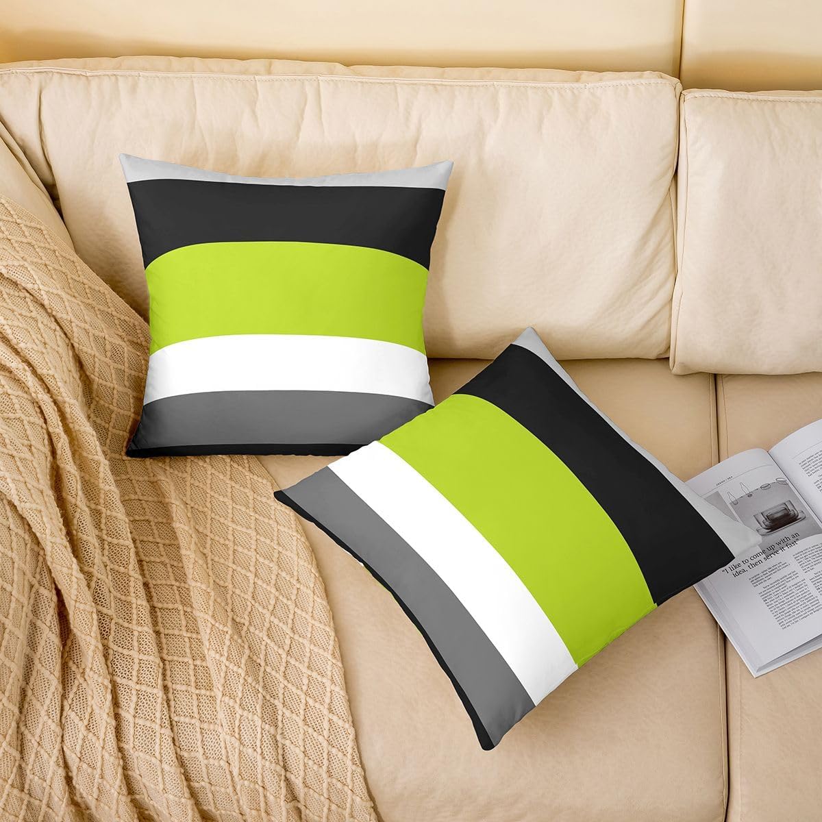 Erosebridal Geometric Throw Pillow Cover 24x24 Green Black Gray Cushion Cover Modern Patchwork Striped Pillow Cover for Kids Boys Teen,Lines Rustic Cushion Case