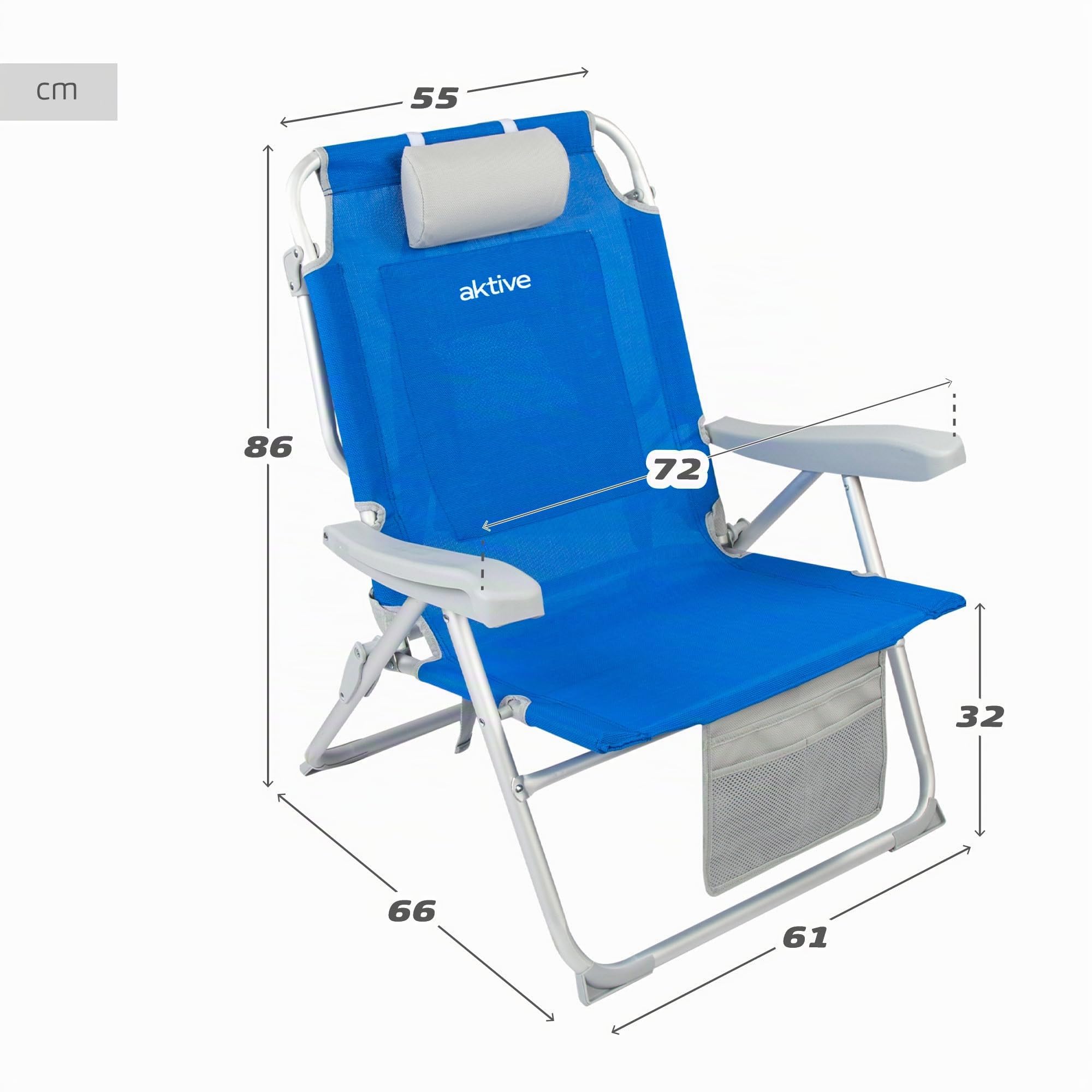 AKTIVE Sedia da spiaggia pieghevole e reclinabile con 5 posizioni, seduta e altezza XXL, portatile e pieghevole 55x66x86 cm, include cuscino, 1 tasca