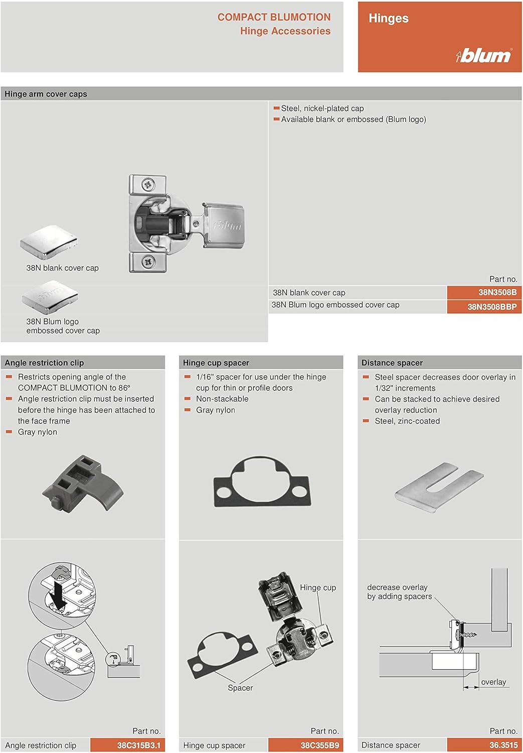 Blum 38N355B.10 Compact BLUMOTION 38N Hinge, Soft-Close, 105 Degree, 5/8 Overlay, Screw-on (Pack of 4)