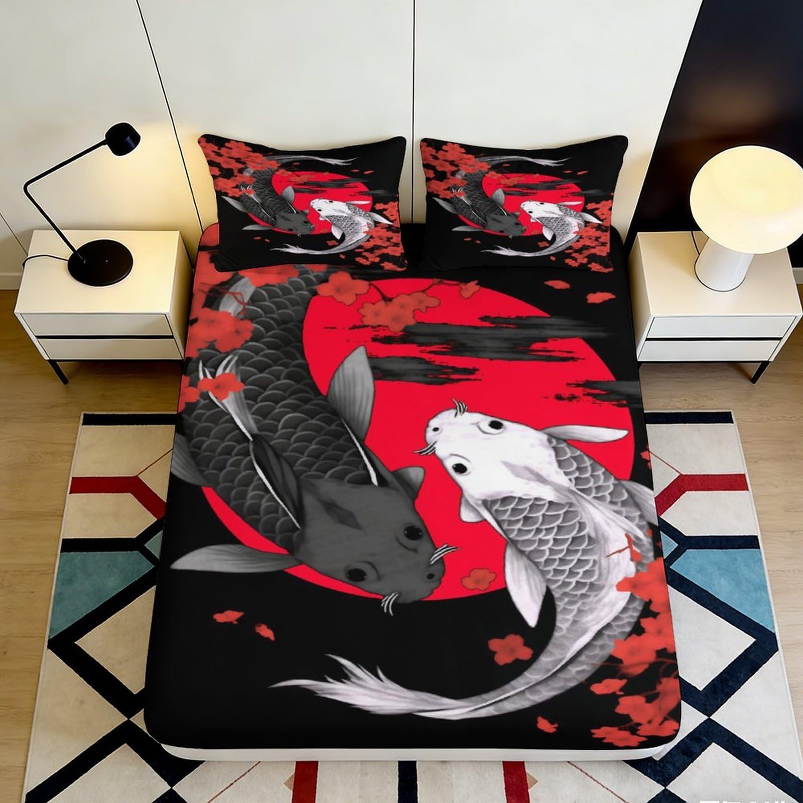 3D Printed Koi Fish Art Fitted Sheet Microfiber Black Red Cherry Blossom Mattress Cover Bedroom Decor Anti-slip Washable 180x200x25cm