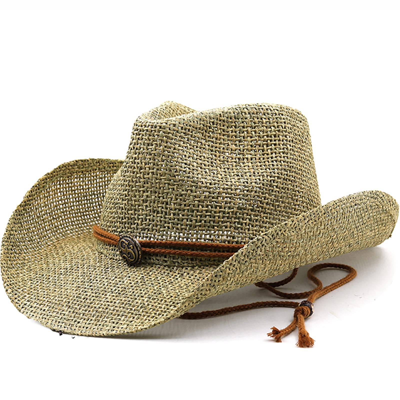 Generic Sombrero de Cowboy de Paja Hombre Mujer Western Cowgirl Hat Gorros de Vaquero Panamá con Banda y Correa de Barbilla Sombrero de Occidental, Sombrero de Playa de Verano