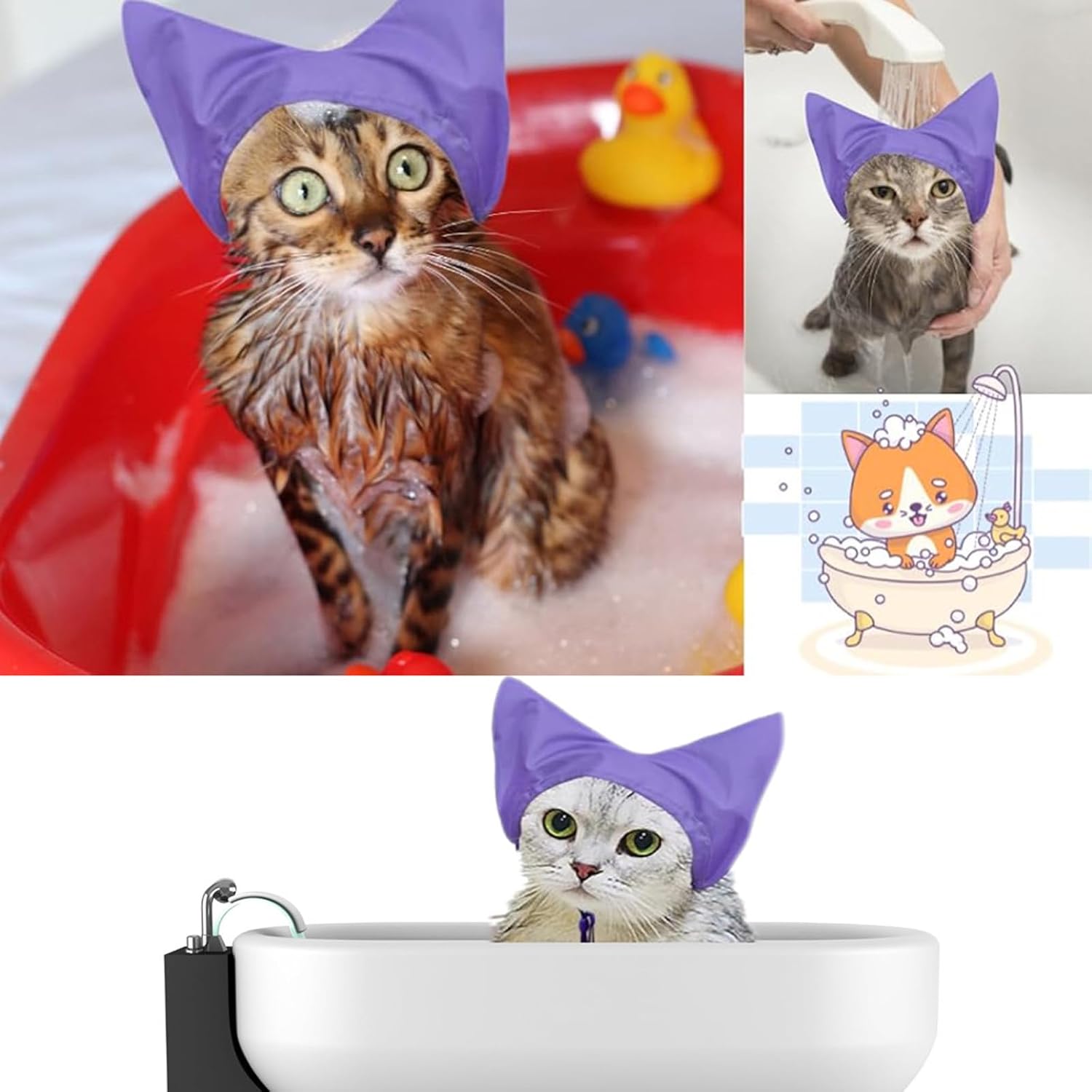 Kitten Ear Wrap Bath Cap for Small to Large Bath Earmuffs for Noise Reduce Hearing Protections Cats Grooming Supplies