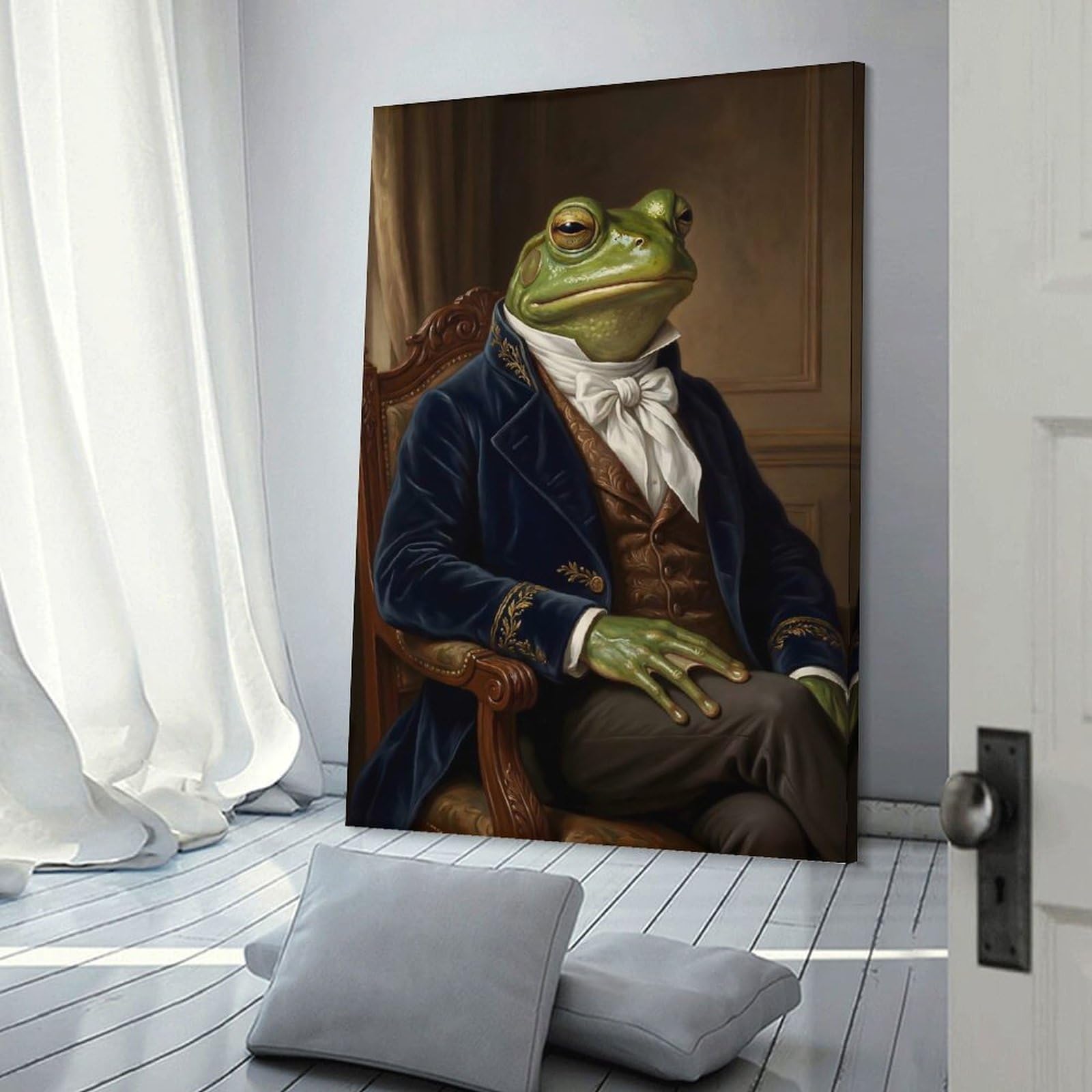 Junmoney Frame-Style-16-1 Wall Picture Print Anthropomorphic Frog In Formal Attire, 20X30inch(50X75cm), For Hallway, Bedroom Or Modern Interiors, Thoughtful Wall Decor For Art Lovers
