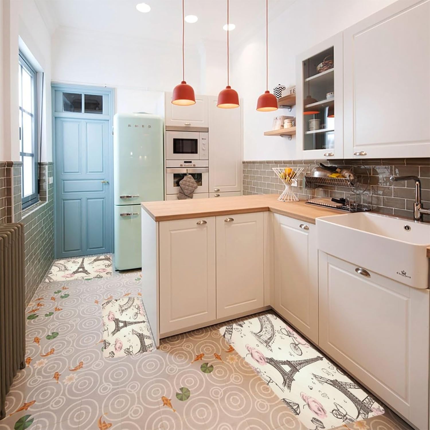 The Eiffel Tower and A Bicycle Kitchen Mat Set of 3 Waterproof Floor Mats Non-Slip Kitchen Rugs Premium Flannel Rug Heavy Duty Standing Mat for Kitchen Home Bathroom Laundry