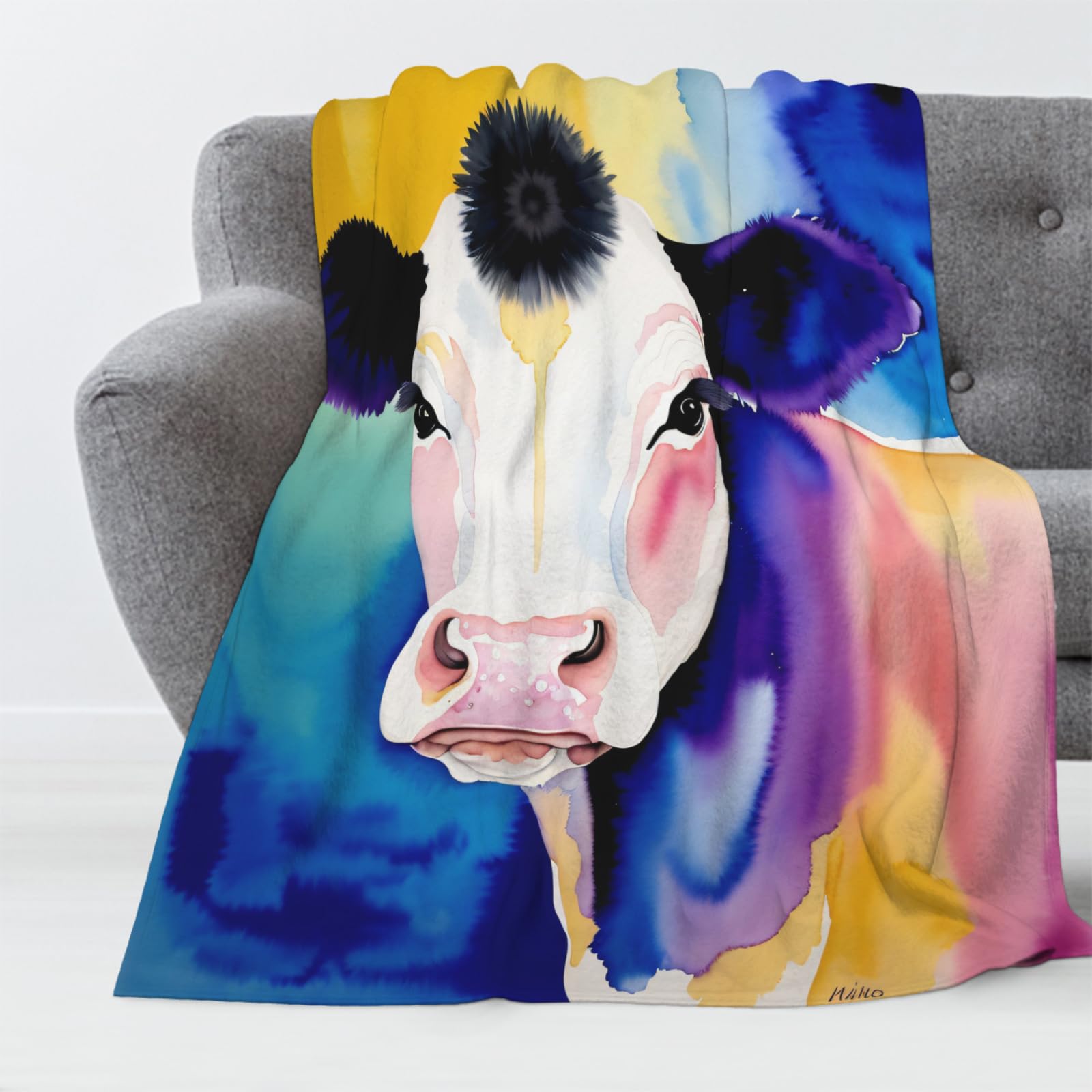 Coperta Pile Mucca Dell'Altopiano, Flanella Coperta 3D Animali Dell'Acquerello Coperte per Letto Materasso Divano Divani, 3D Coperta Stampata Morbida Microfibra Coperta 150x200 cm