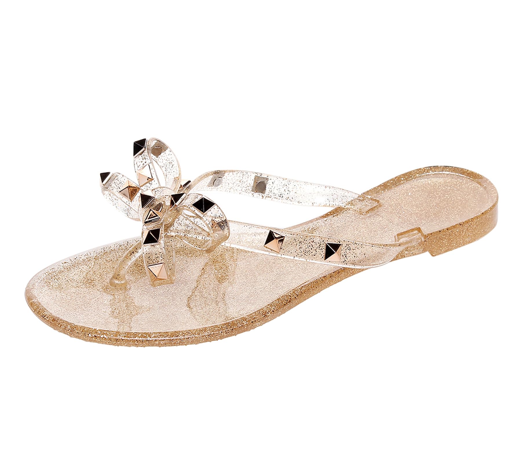 OMGard Studded Jelly Shoes for Womens Bow Flip Flops Jellies Sandals Flat Black Summer Beach Thong with Rivets Strappy Slides Slip On