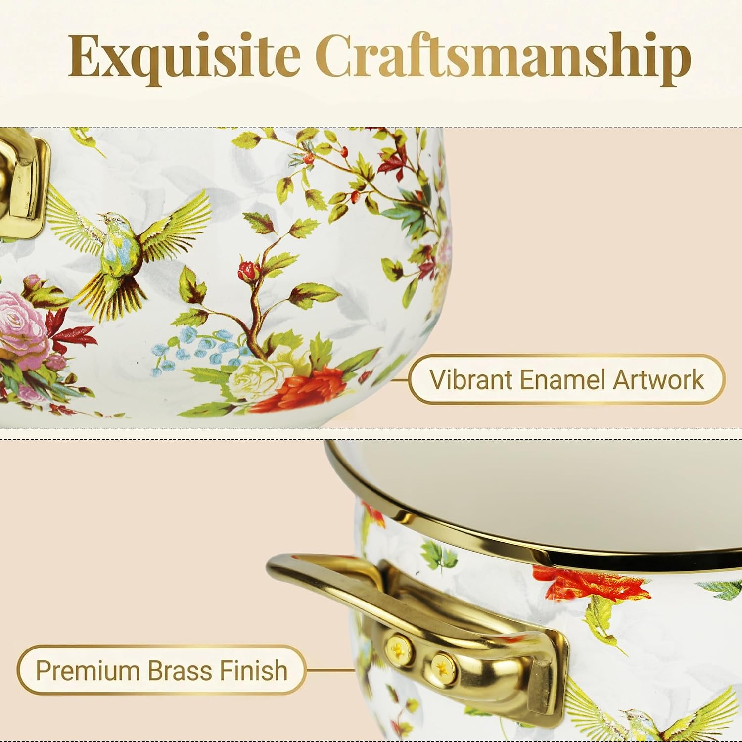 3.2 Quart Vintage Floral Bird Enamel Cooking Pot with Visible Glass Lid, Nonstick Enamel Soup Pot with Dual Handles, for Pasta, Soup, Spaghetti, Nonstick Thick Bottom Big Stockpot