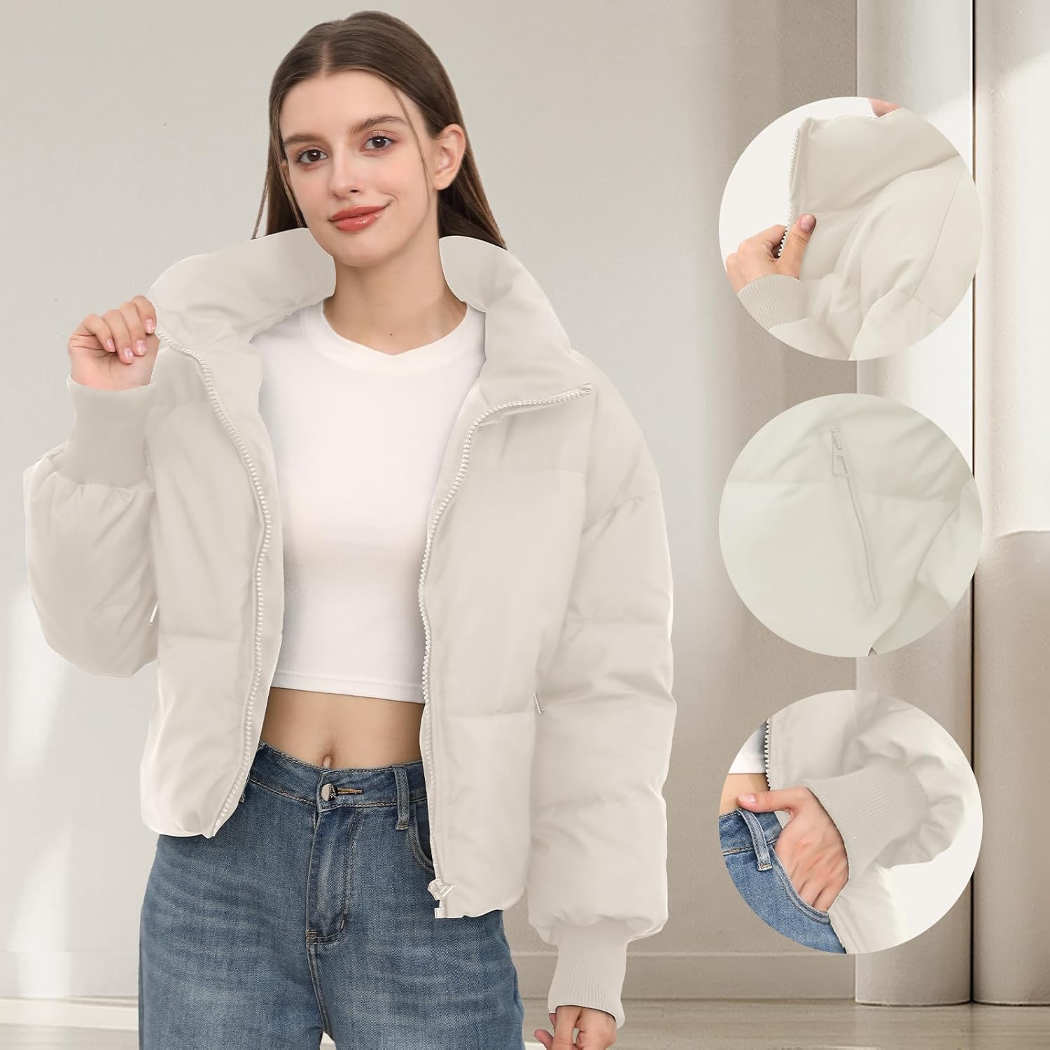 Women’s Winter Cropped Puffer Jacket Coat Casual Quilted Baggy Long Sleeve Zip Down Jackets Outerwear - Image 4