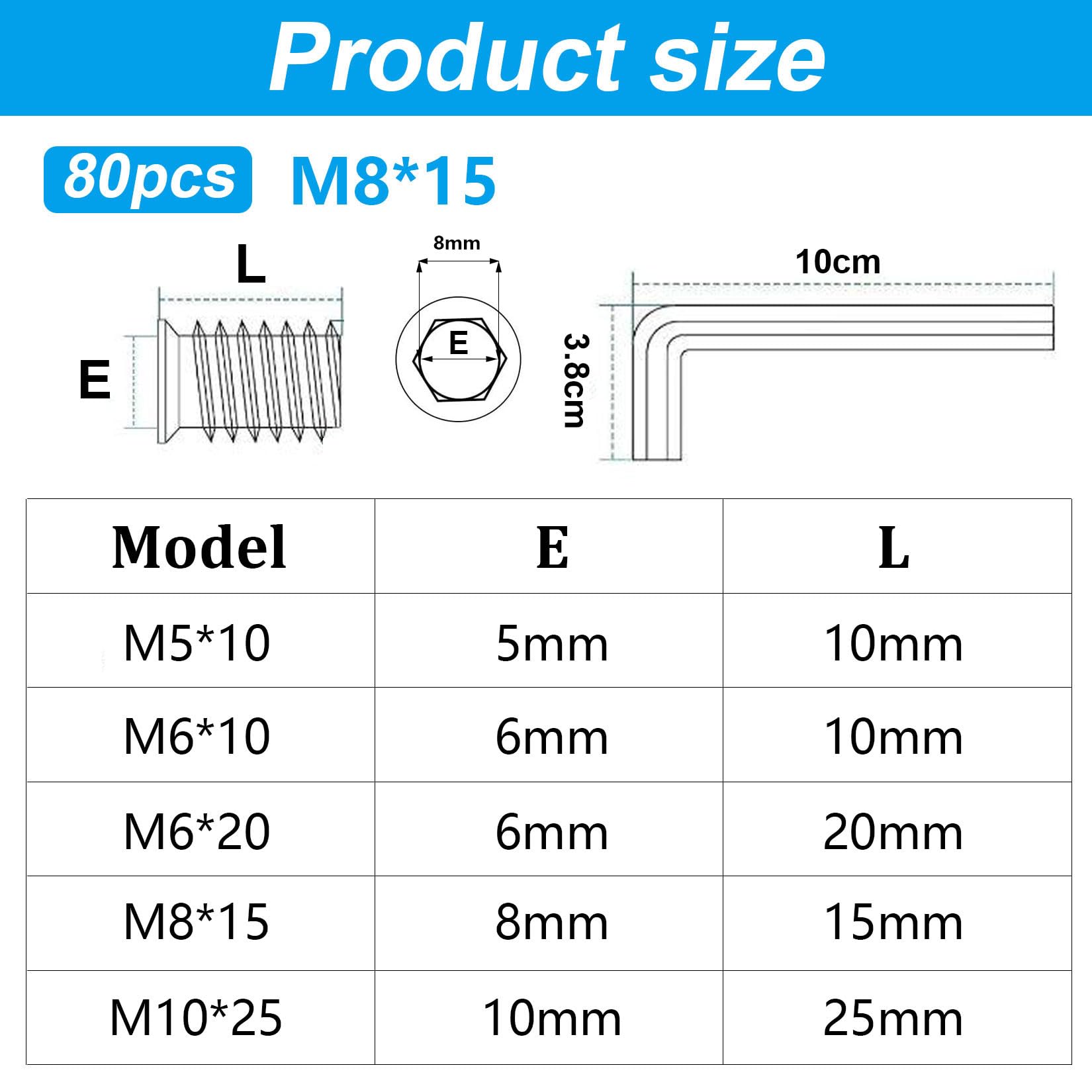 80 Pz Inserti Filettati Dado M8 x 15mm, Rivetti Filettati, Boccole Filettate per Legno, Dado Avvitabile Manicotti Filettatio, Bussole Filettate a Esagono Incassato per Mobili Legno